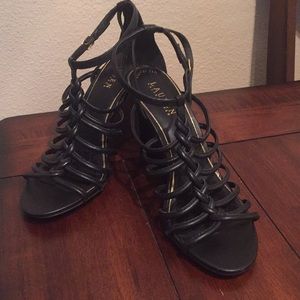 NWOT Lauren by RL Black Leather Wedge Sandals